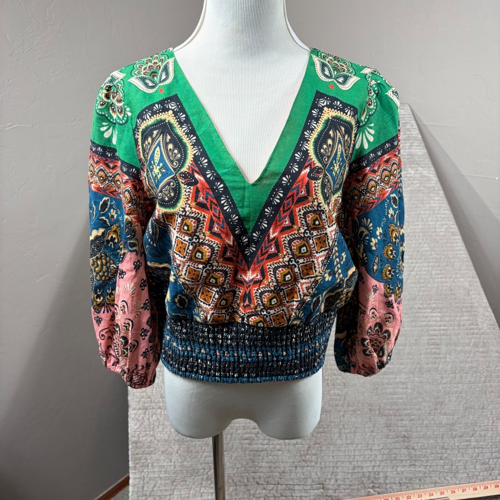 Farm Rio for Anthropologie Paisley V-Neck Smocked Crop Top Green Blue Pink M